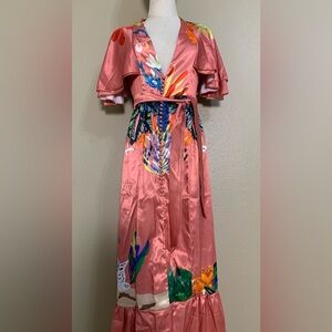 Pink Satin Button‎ Up Maxi Ruffle Sleeve Tiered Dress Tropical Animal Print Art